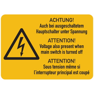 Warnschild, Hauptschalter unter Spannung (3-sprachig - 52x37 mm, Folie selbstklebend