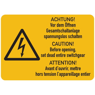 Warnschild, Gesamtschaltanlage spannungslos schalten - 52x37 mm, Folie selbstklebend