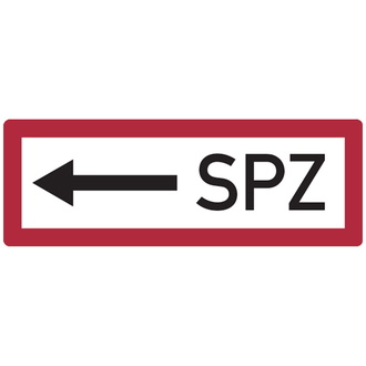 Feuerwehrschild, SPZ (Sprinklerzentrale) mit Pfeil nach links - 297x105x0.45 mm Aluminium geprägt