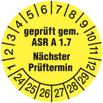 Prüfplakette, ASR A1.7 Nächster Prüftermin, gelb/schwar - 30 mm, Folie selbstklebend