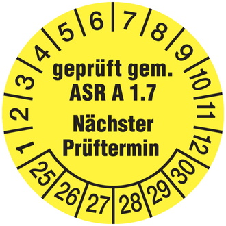 Prüfplakette, ASR A1.7 Nächster Prüftermin, gelb/schwar - 30 mm, Folie selbstklebend