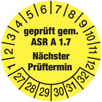 Prüfplakette, ASR A1.7 Nächster Prüftermin, gelb/schwar - 30 mm, Folie selbstklebend