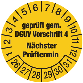 Prüfplakette, DGUV Vorschrift 4 Nächster Prüftermin, ge - 30 mm, Folie selbstklebend