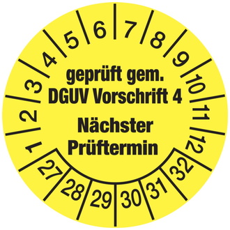 Prüfplakette, DGUV Vorschrift 4 Nächster Prüftermin, ge - 30 mm, Folie selbstklebend