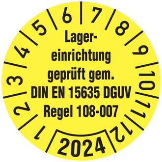 Jahresprüfplakette, Lagererinrichtung DIN EN 15635 DGUV - 30 mm, Folie selbstklebend