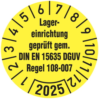 Jahresprüfplakette, Lagererinrichtung DIN EN 15635 DGUV - 30 mm, Folie selbstklebend