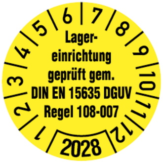 Jahresprüfplakette, Lagererinrichtung DIN EN 15635 DGUV - 30 mm, Folie selbstklebend