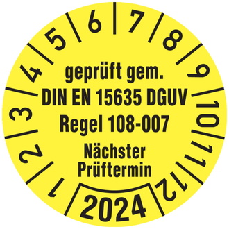 Jahresprüfplakette, geprüft gem. DIN EN 15635/DGUV Rege - 30 mm, Folie selbstklebend