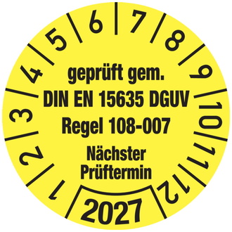 Jahresprüfplakette, geprüft gem. DIN EN 15635/DGUV Rege - 30 mm, Folie selbstklebend