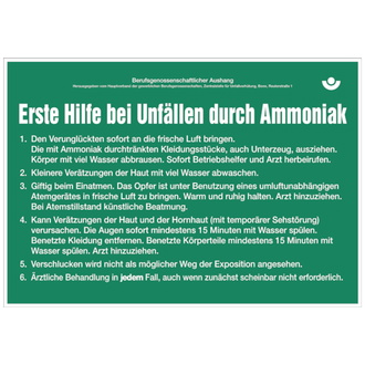 Aushang, Erste Hilfe bei Unfällen durch Ammoniak - 430x300x0.6 mm Aluminium geprägt