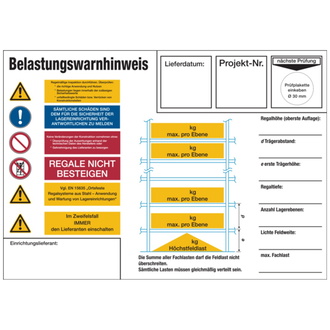 Regalkennzeichnung mit Belastungswarnhinweisen - 297x210x0.6 mm Aluminium glatt