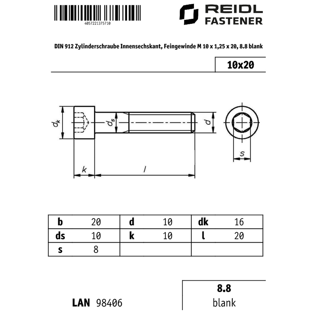 DIN 912 Zylinderschraube Innensechskant, Feingewinde M 10 x 1,25 x 20, 8.8 blank DIN 912 Zylinderschraube Innensechskant, Feingewinde M 10 x 1,25 x 20, 8.8 blank