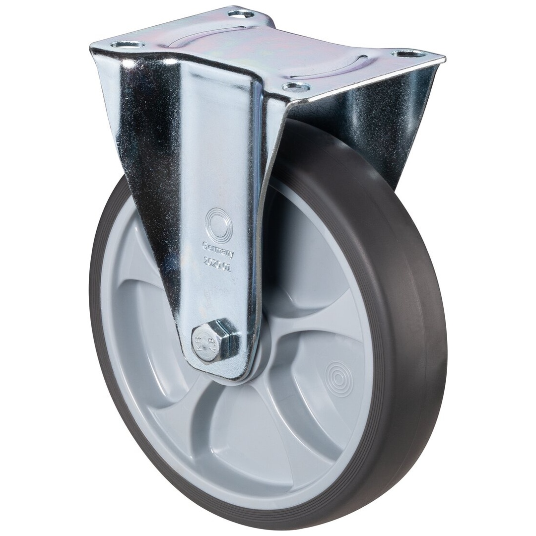 BS Rollen BS Transportrolle L410, Bockrolle, Rad-Ø 125 mm, Tragkr. 120 kg, Rollenlager, Lauffl. thermopl. Gummi grau, Radk. Kunststoff