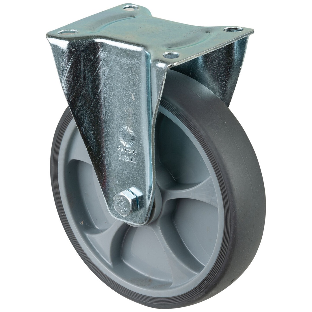 BS Rollen BS Transportrolle L410, Bockrolle, Rad-Ø 200 mm, Tragkr. 220 kg, Rollenlager, Lauffl. thermopl. Gummi grau, Radk. Kunststoff