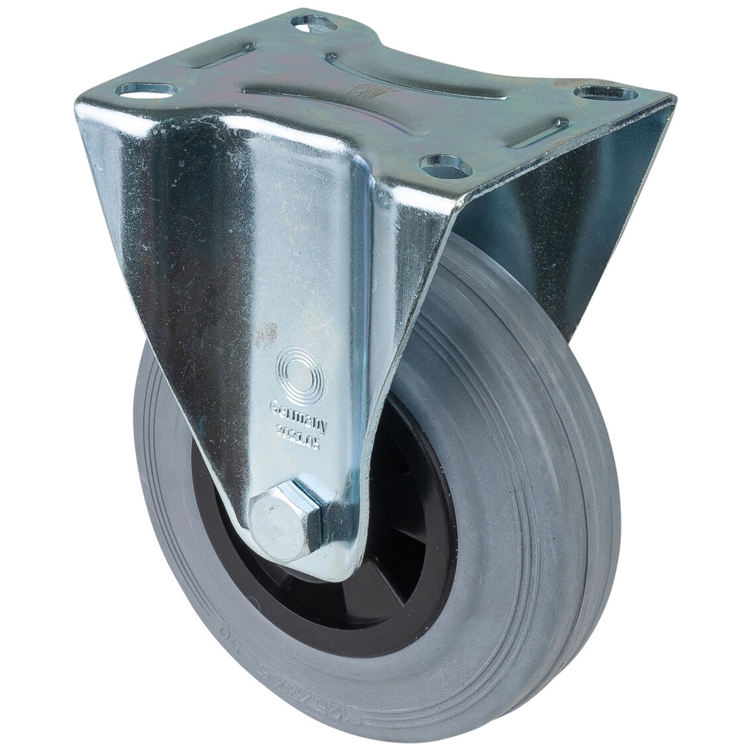 BS Rollen BS Transportrolle L410, Bockrolle, Rad-Ø 125 mm, Tragkr. 100 kg, Rollenlager, Lauffl. Gummi grau, Radk. Kunststoff
