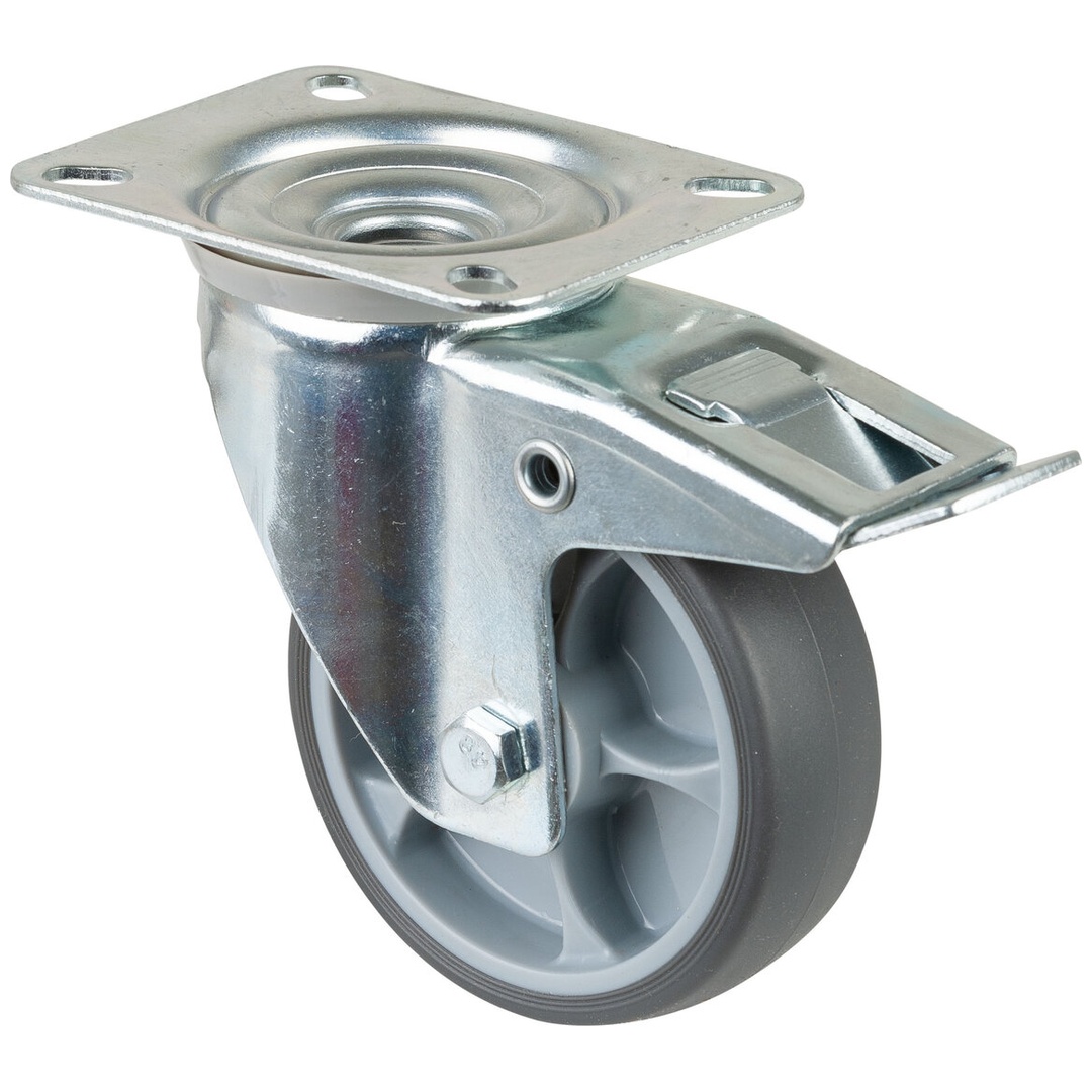 BS Rollen Transportrolle, Lenkrolle mit Totalfeststeller, Rad-Ø 100 mm, Tragf. 110 kg, Gummi , Bauhöhe 128 mm, Rollenlager