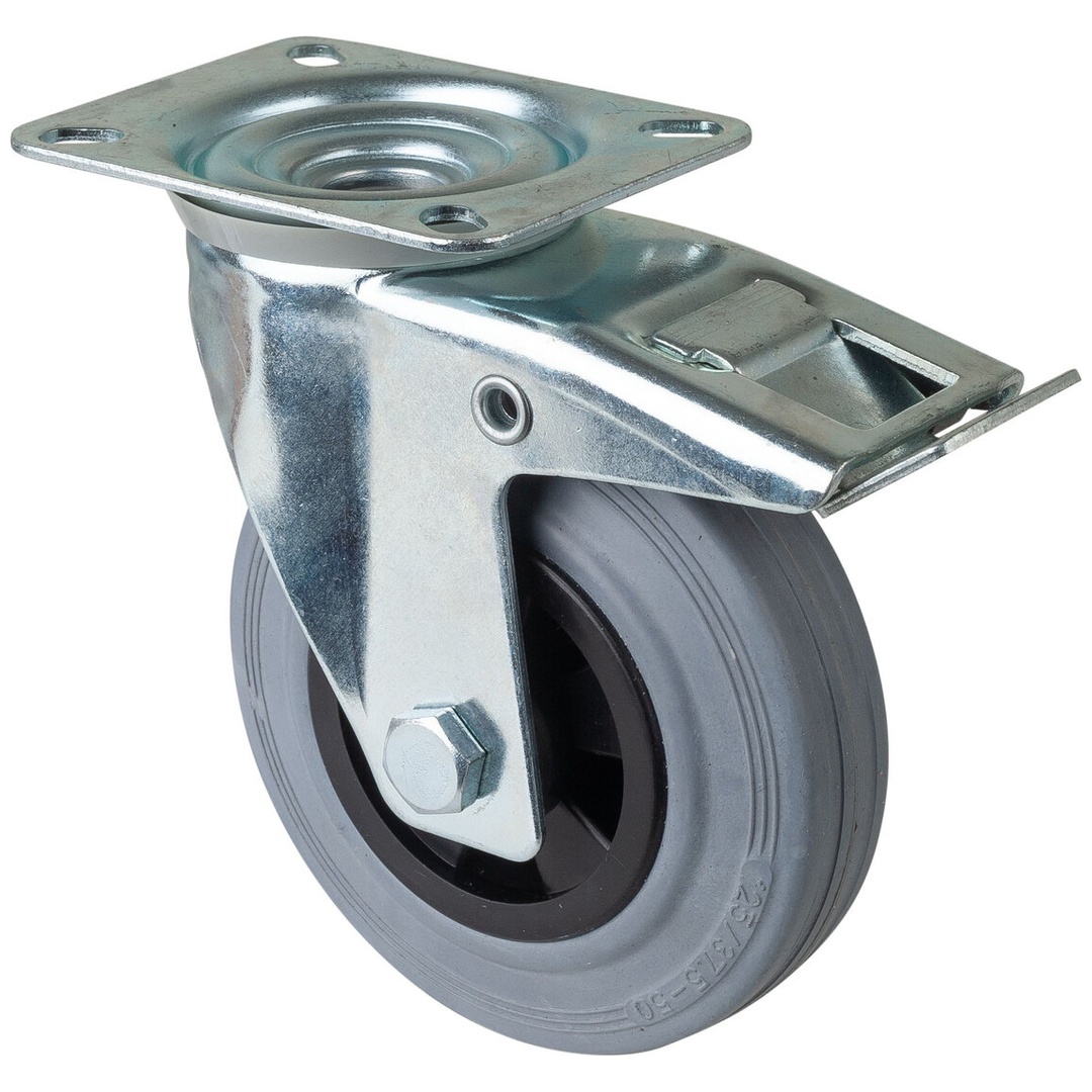 BS Rollen Transportrolle, Lenkrolle mit Totalfeststeller, Rad-Ø 125 mm, Tragf. 100 kg, Gummi grau, Bauhöhe 155 mm, Rollenlager