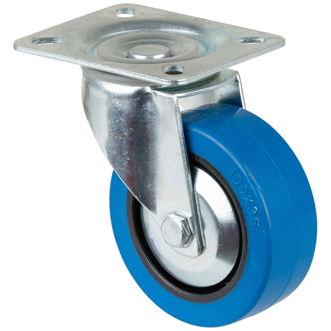 BS Rollen Transportrolle, Lenkrolle, Rad-Ø 100 mm, Tragf. 140 kg, Elastik blau, Bauhöhe 128 mm, Rollenlager
