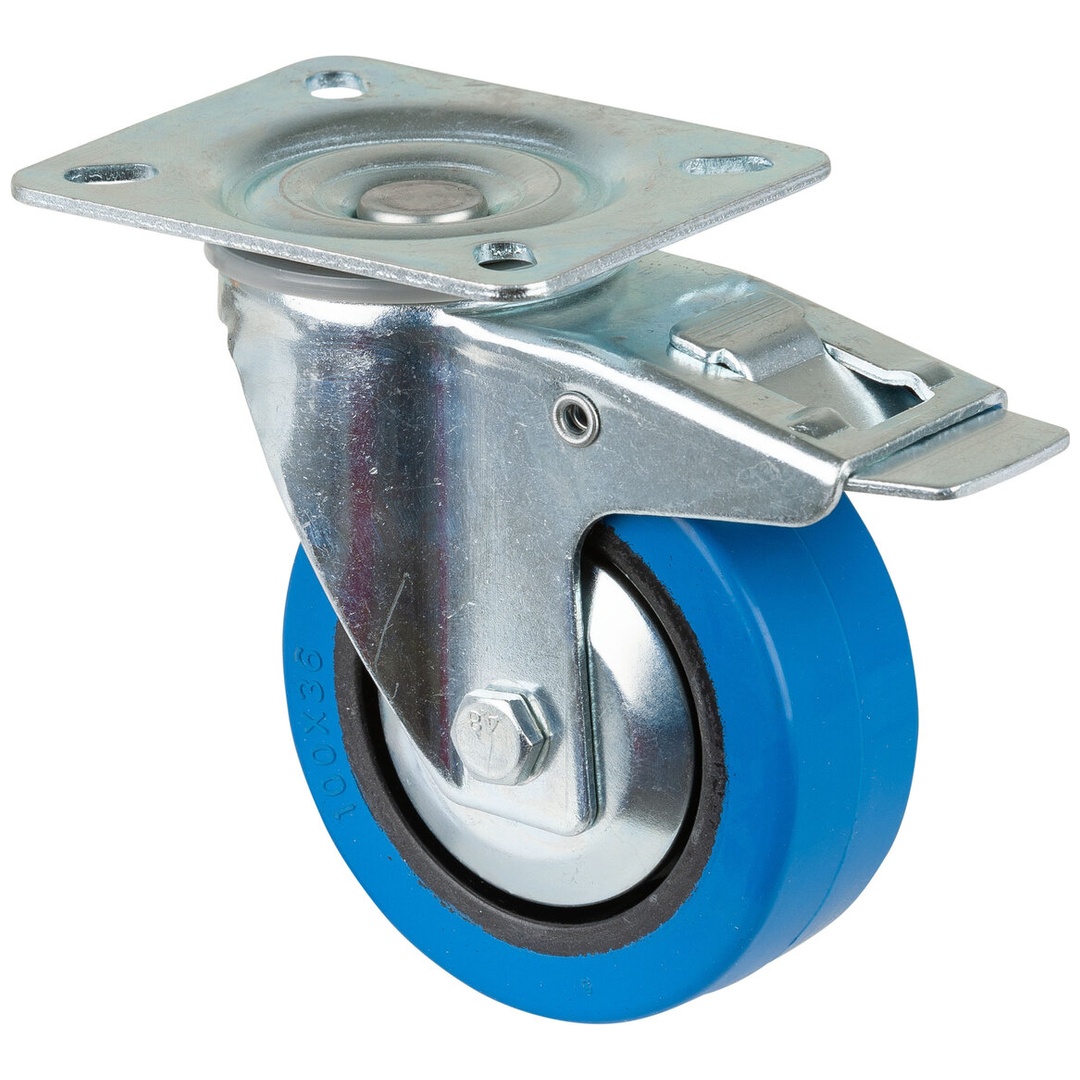 BS Rollen Transportrolle, Lenkrolle mit Feststeller, Rad-Ø 100 mm, Tragf. 140 kg, Elastik blau, Bauhöhe 128 mm, Rollenlager