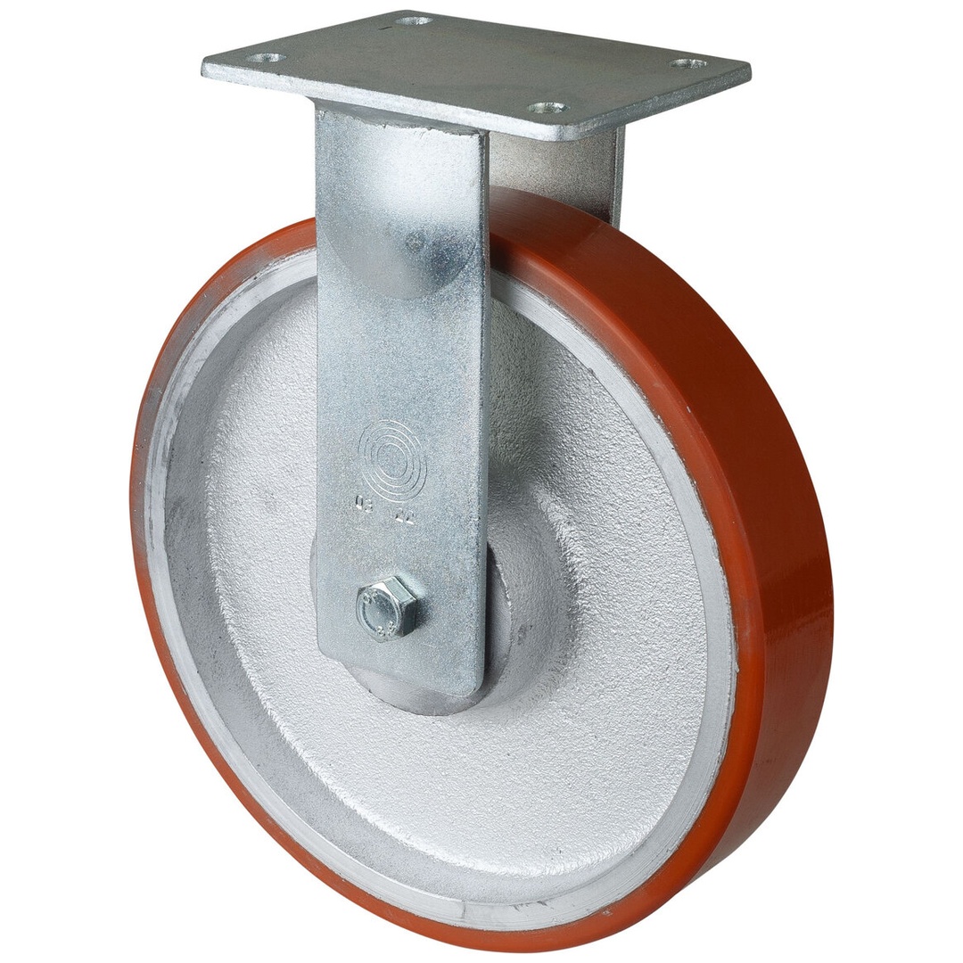 BS Rollen BS Schwerlastrolle RR110, Bockrolle, Rad-Ø 250 mm, Tragk. 1200 kg, Kugellager, Lauffl. Prothane Guss-Polyurethan, Radk. Guss, Platte 138x110 mm
