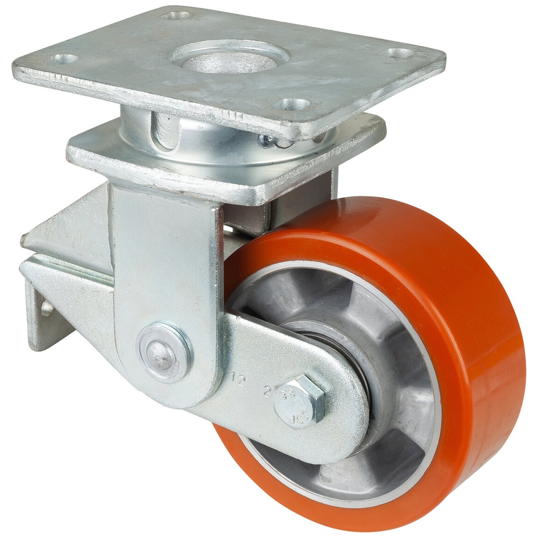 BS Rollen BS gefederte Schwerlastrolle T100, Lenkrolle, Rad-Ø 125 mm, Tragk. 250 kg, Kugellager, Lauffl. Guss-Polyurethan, Radk. Aluminium, Platte 138x110 mm