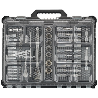 Milwaukee Ratschen- und Steckschlüsseleinsatz Set 1/4" und 1/2" metrisch und imperial, 63-tlg. im PACKOUT Organiser Compact