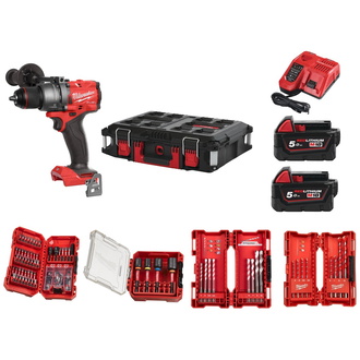 Milwaukee Set M18 FPD3100P-502P Akku-Schlagbohrschrauber mit 2 Akkus, Ladegerät und Zubehör-Sets, in PACKOUT-Koffer