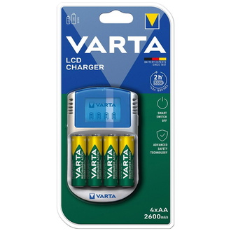 VARTA Ladegerät LCD Charger für4 Akkus AA/AAA mit 4AkkusAA 2700mAh, Adapter 12V, Kabel USB