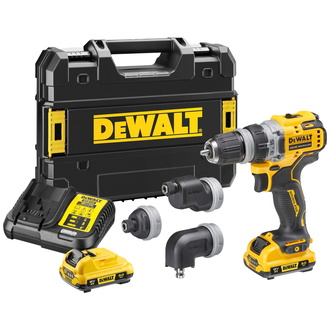 DeWalt Akku-Bohrschrauber 12 V, incl. 2x Akku 3 Ah, Schnellladegerät, 4 Köpfe, Zubehör, TSTAK-Box
