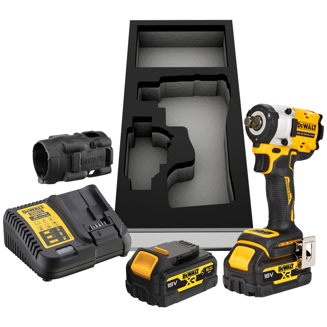 DeWalt Akku-Schlagschrauber 1/2, 18 V, incl. 2x Akku XR 5 Ah, Schnellladegerät, Insert, Zubehör, Karton