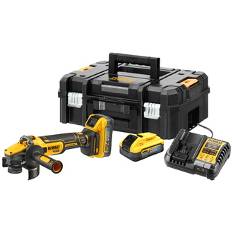 DeWalt Akku-Winkelschleifer 18 V, 125 mm, incl. 2x Akku 5 Ah, Schnellladegerät, Zubehör, TSTAK Box