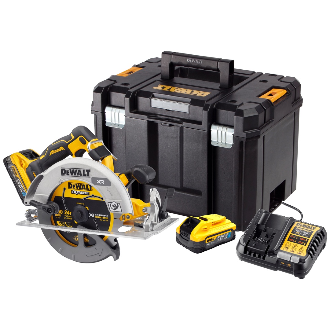 DeWalt Akku-Handkreissäge 18 V (bürstenlos), incl. 2x Akku 5 Ah, Schnellladegerät, Zubehör, TSTAK-Box