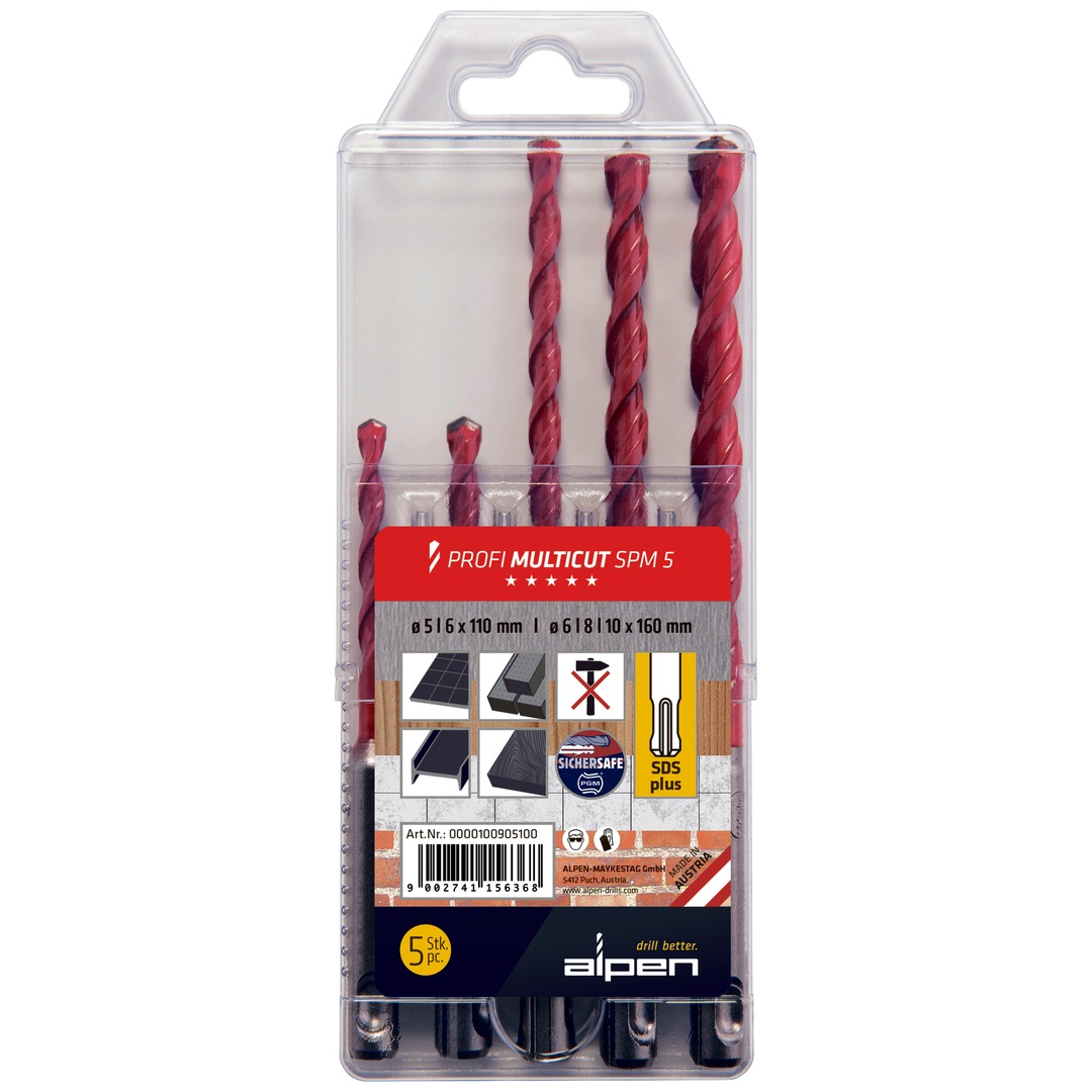 Alpen-Maykestag Alpen HM-Mehrzweckbohrer PROFI MULTICUT, SDS-plus Schaft, 5-tlg., 5,6x110,6,8,10x160mm
