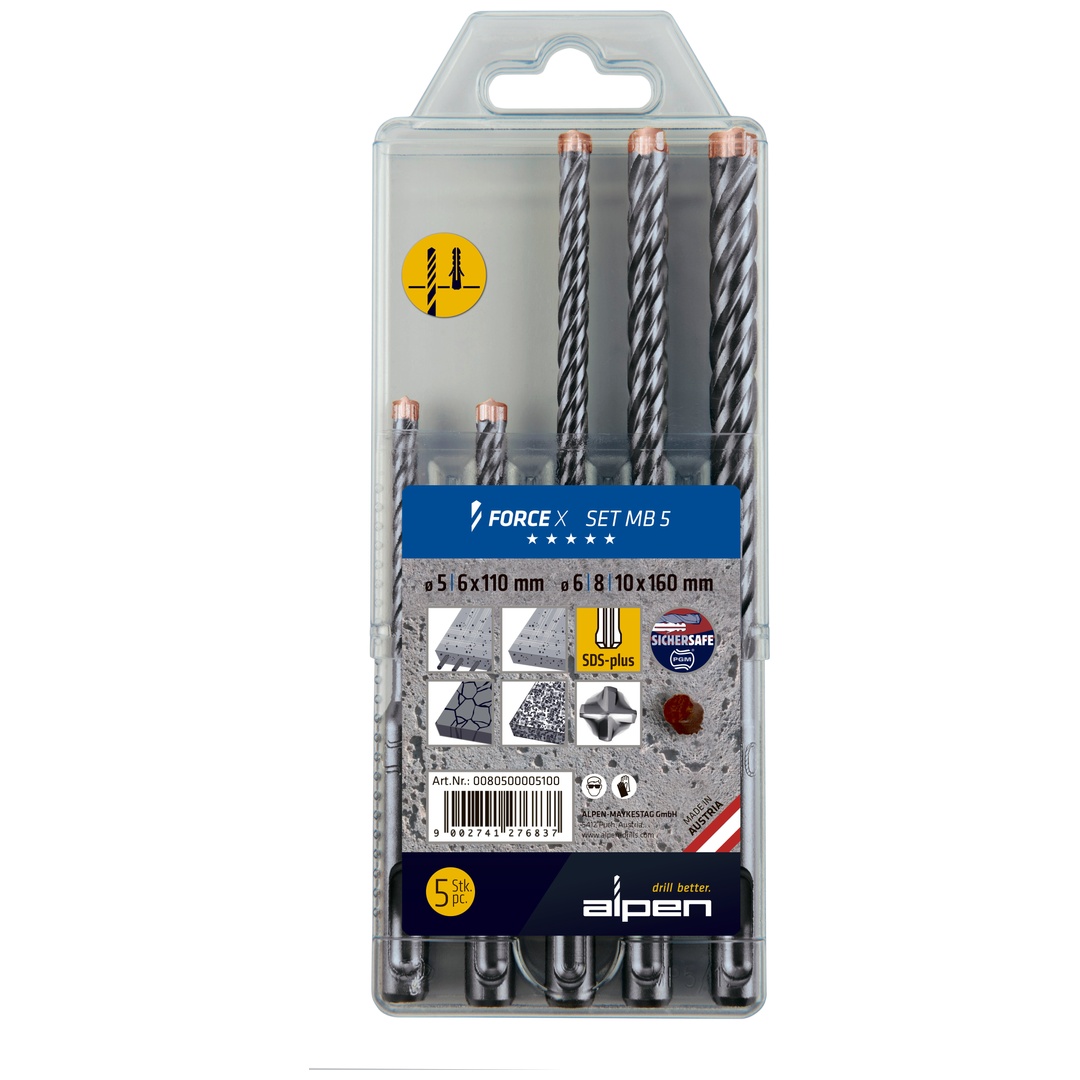 Alpen-Maykestag SDS-plus Hammerbohrer-Bohrersatz FORCE X, 5-teilig 110/160 mm