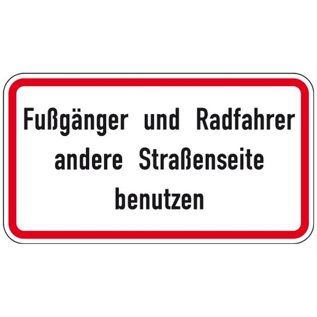 Warn- und Hinweisschild 48, 600x330 mm, Fußgänger und Radfahrer andere Straßenseite nutzen, RAL-Gütezeichen Folie RA2