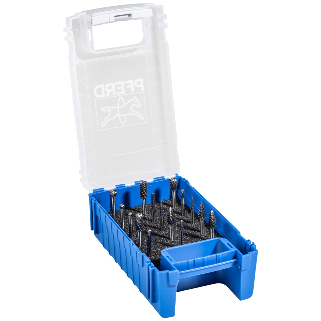 PFERD TOOLS Hartmetall Kleinfrässtift Set 1503 Zahnung 3 PLUS 15-tlg.  Ø 6/4/3mm Schaft-Ø 3mm universal mittel kreuzverzahnt