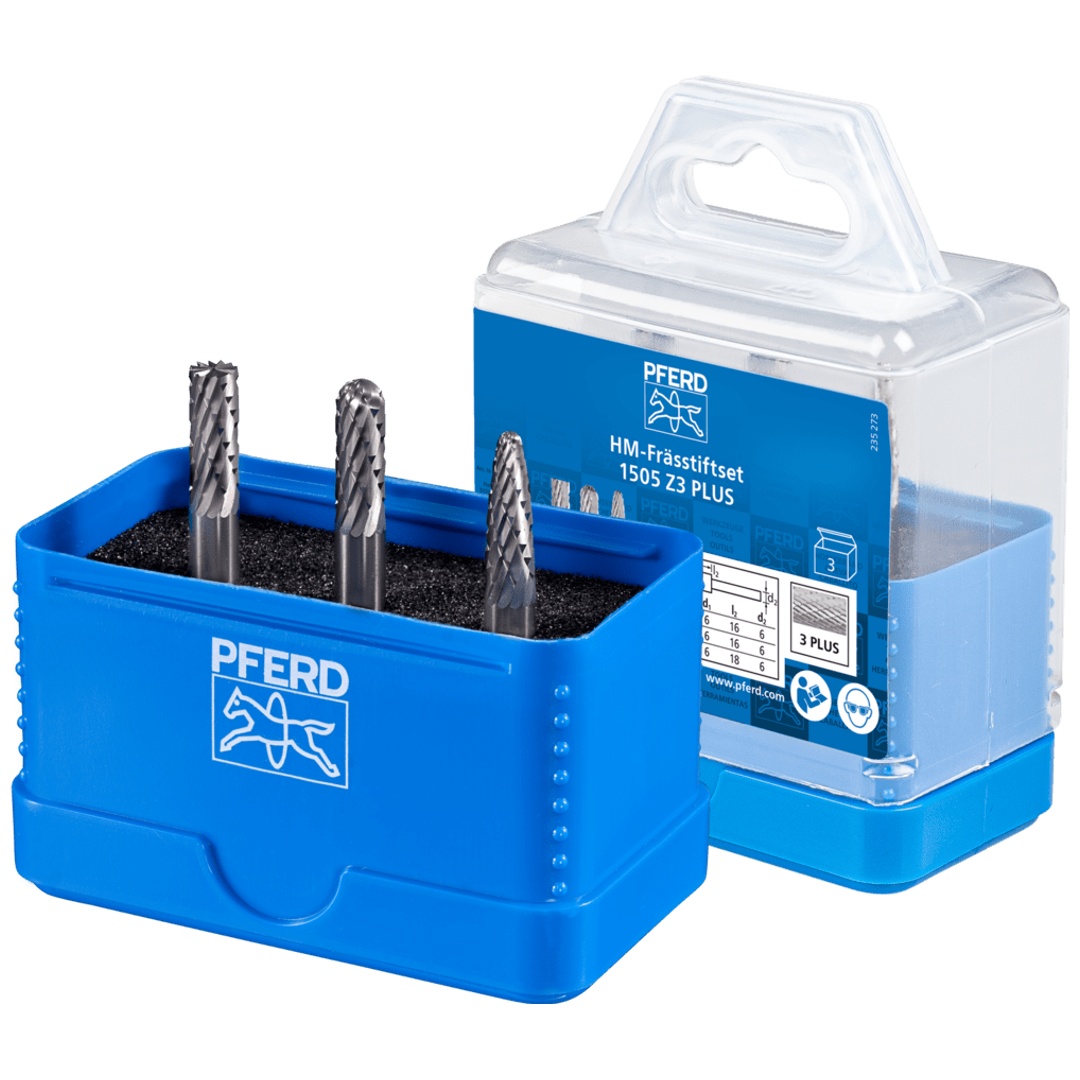 PFERD TOOLS Hartmetall Frässtift Set 1505 Zahnung 3 PLUS 3-tlg. Ø 6mm Schaft-Ø 6mm universal mittel kreuzverzahnt