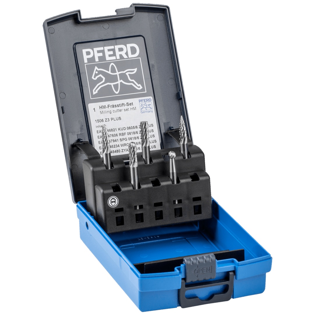 PFERD TOOLS Hartmetall Frässtift Set 1506 Zahnung 3 PLUS 5-tlg. Schaft-Ø 6 mm univ. mittel kreuzverzahnt