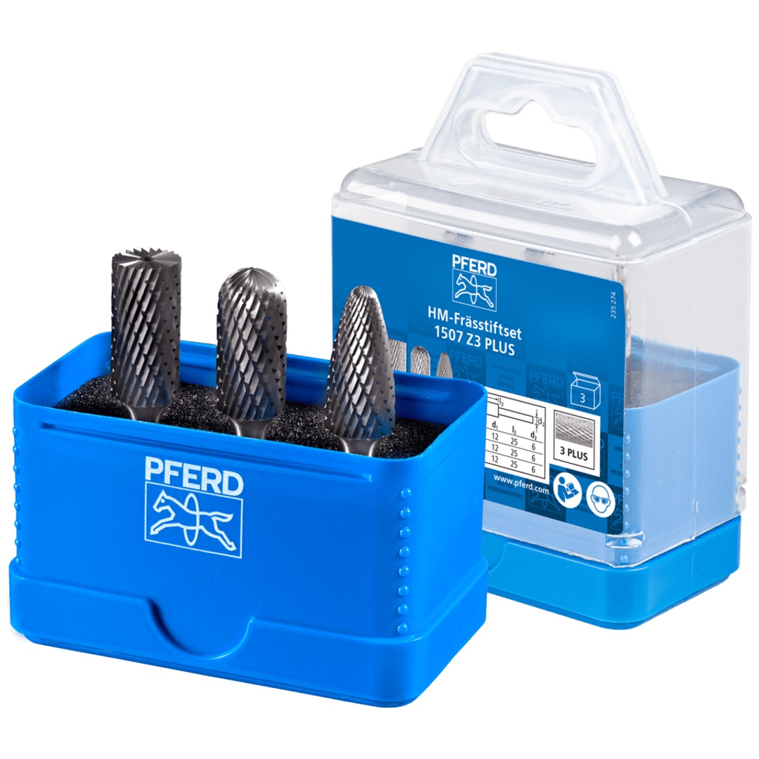 PFERD TOOLS Hartmetall Frässtift Set 1507 Zahnung 3 PLUS 3-tlg. Ø 12mm Schaft-Ø 6 mm universal mittel kreuzverzahnt