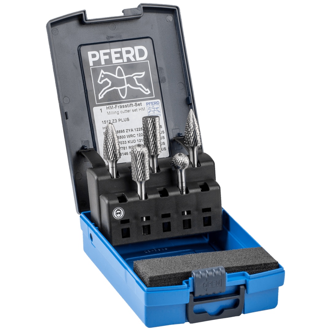 PFERD TOOLS Hartmetall Frässtift Set 1512 Zahnung 3 PLUS 5-tlg. Schaft-Ø 6 mm univ. mittel kreuzverzahnt