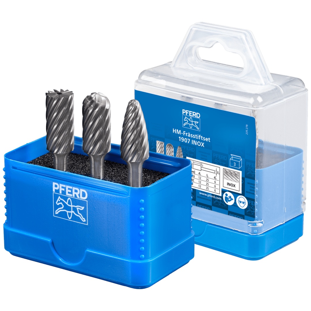 PFERD TOOLS Hartmetall Hochleistungsfrässtift Set 1907 INOX 3-tlg. Ø 12mm Schaft-Ø 6 mm für Edelstahl