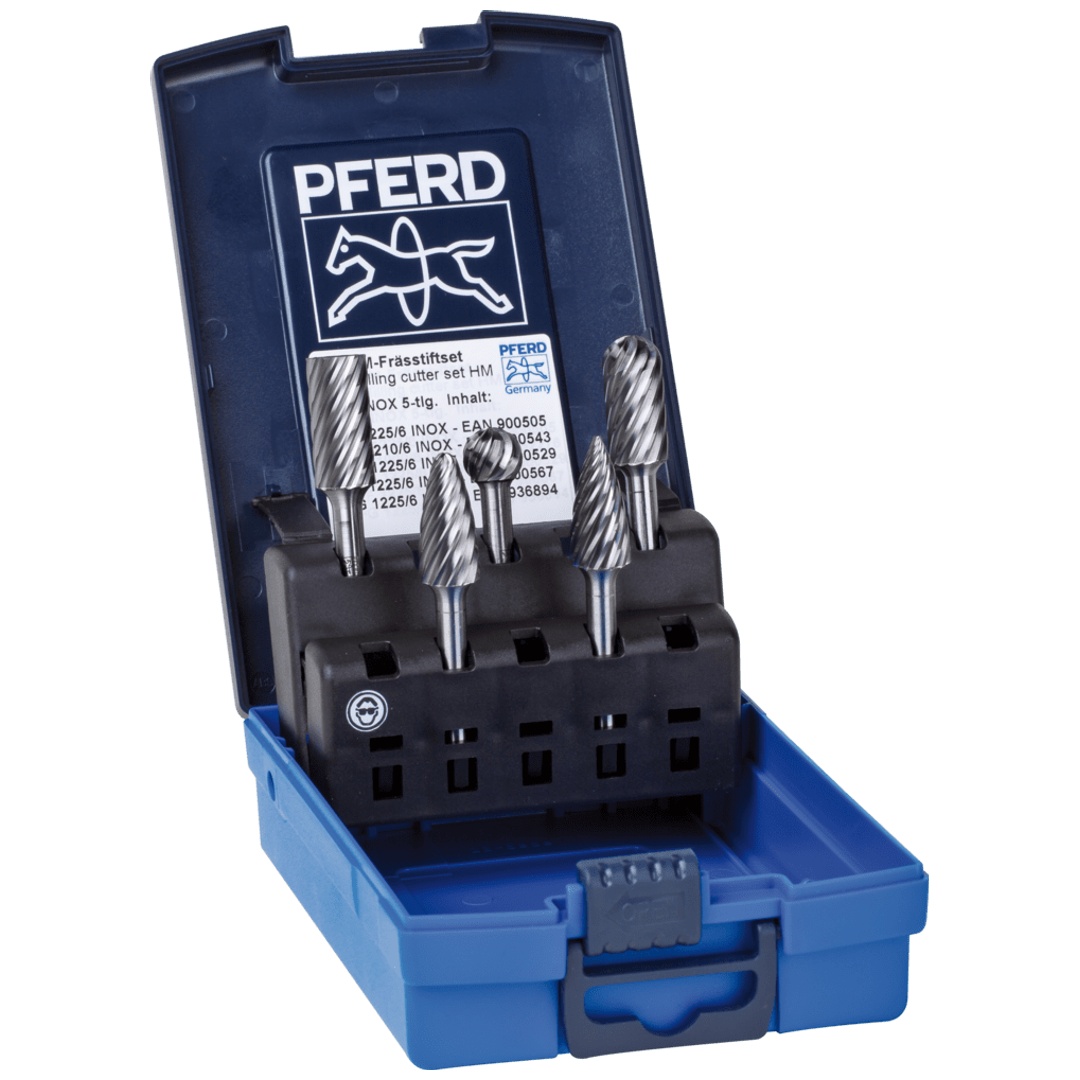 PFERD TOOLS Hartmetall Hochleistungsfrässtift Set 1912 INOX 5-tlg. Ø 12mm Schaft-Ø 6mm für Edelstahl