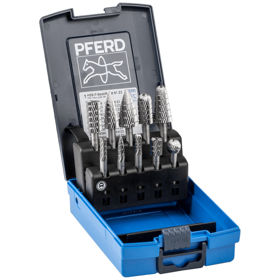 PFERD TOOLS HSS Frässtift Set 81 10-tlg. Zahnung 3 Ø 16/12/10/6mm Schaft-Ø 6mm universal mittel fein