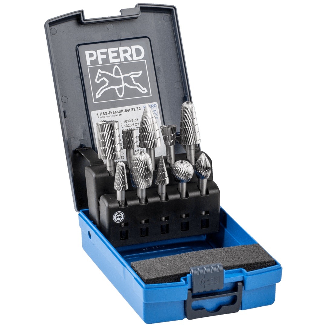 PFERD TOOLS HSS Frässtift Set 82 10-tlg. Zahnung 3 Ø 16/12/10mm Schaft-Ø 6mm universal mittel fein