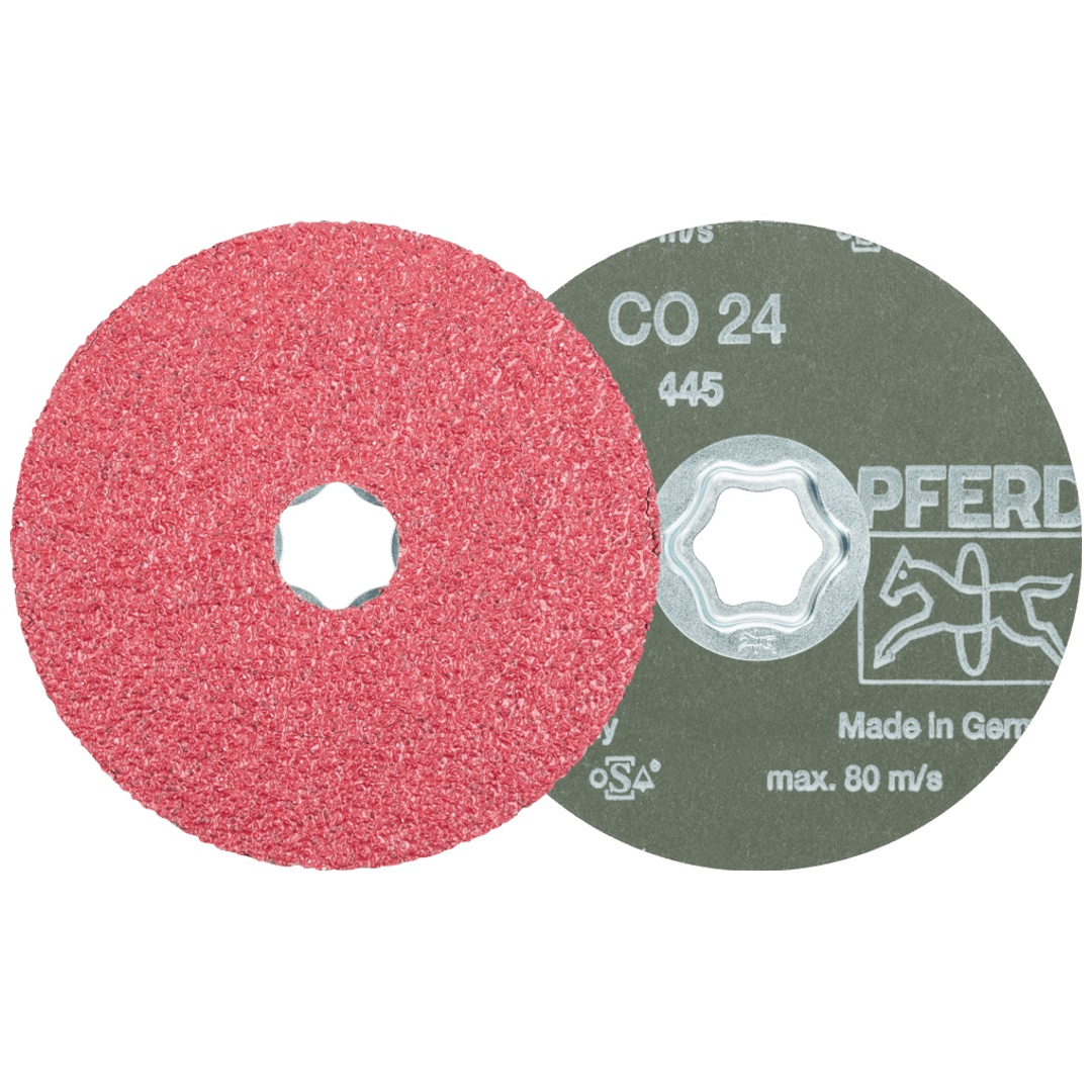 PFERD TOOLS COMBICLICK Keramikkorn Fiberscheibe Ø 115 mm CO24 für hohen Abtrag auf Stahl