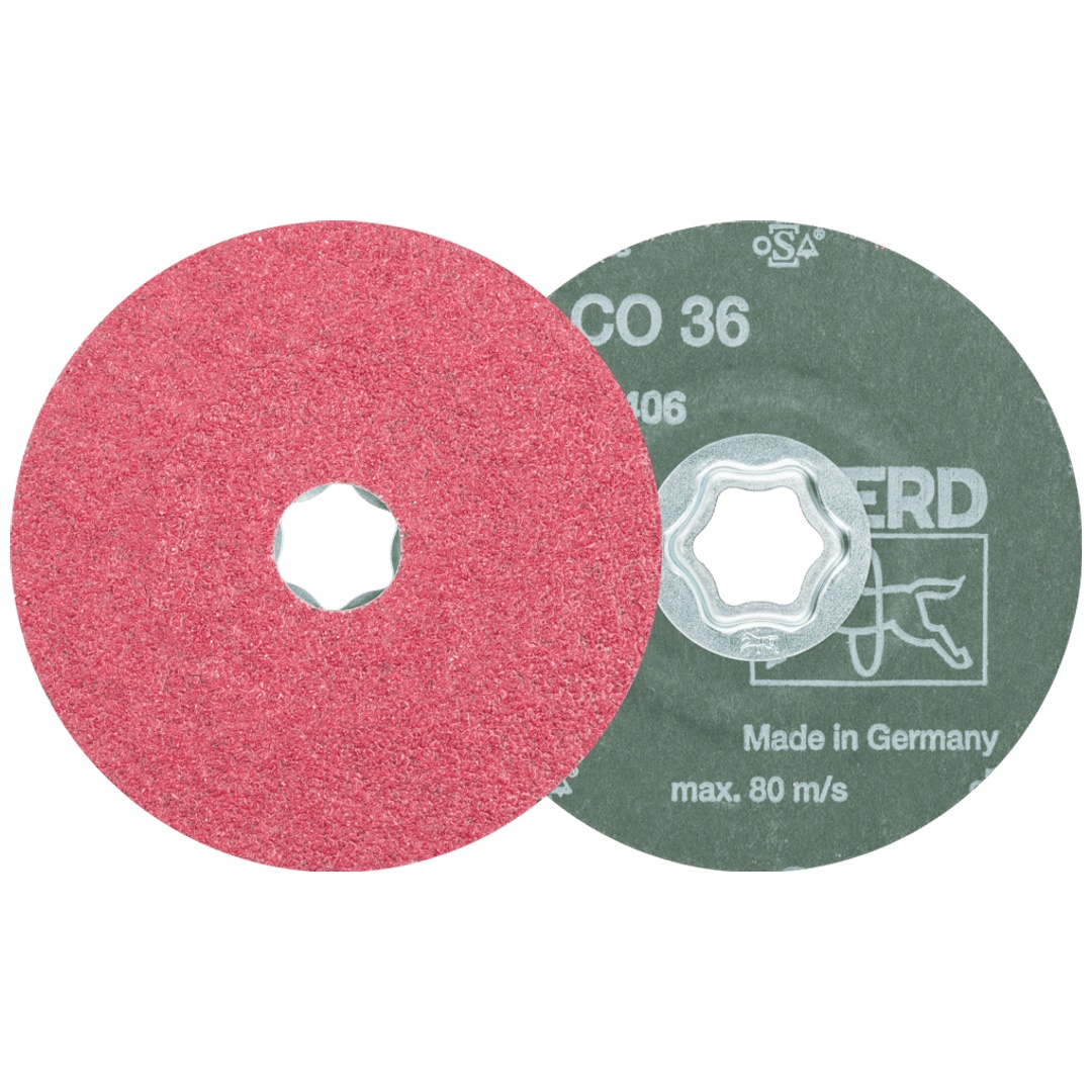 PFERD TOOLS COMBICLICK Keramikkorn Fiberscheibe Ø 115 mm CO36 für hohen Abtrag auf Stahl
