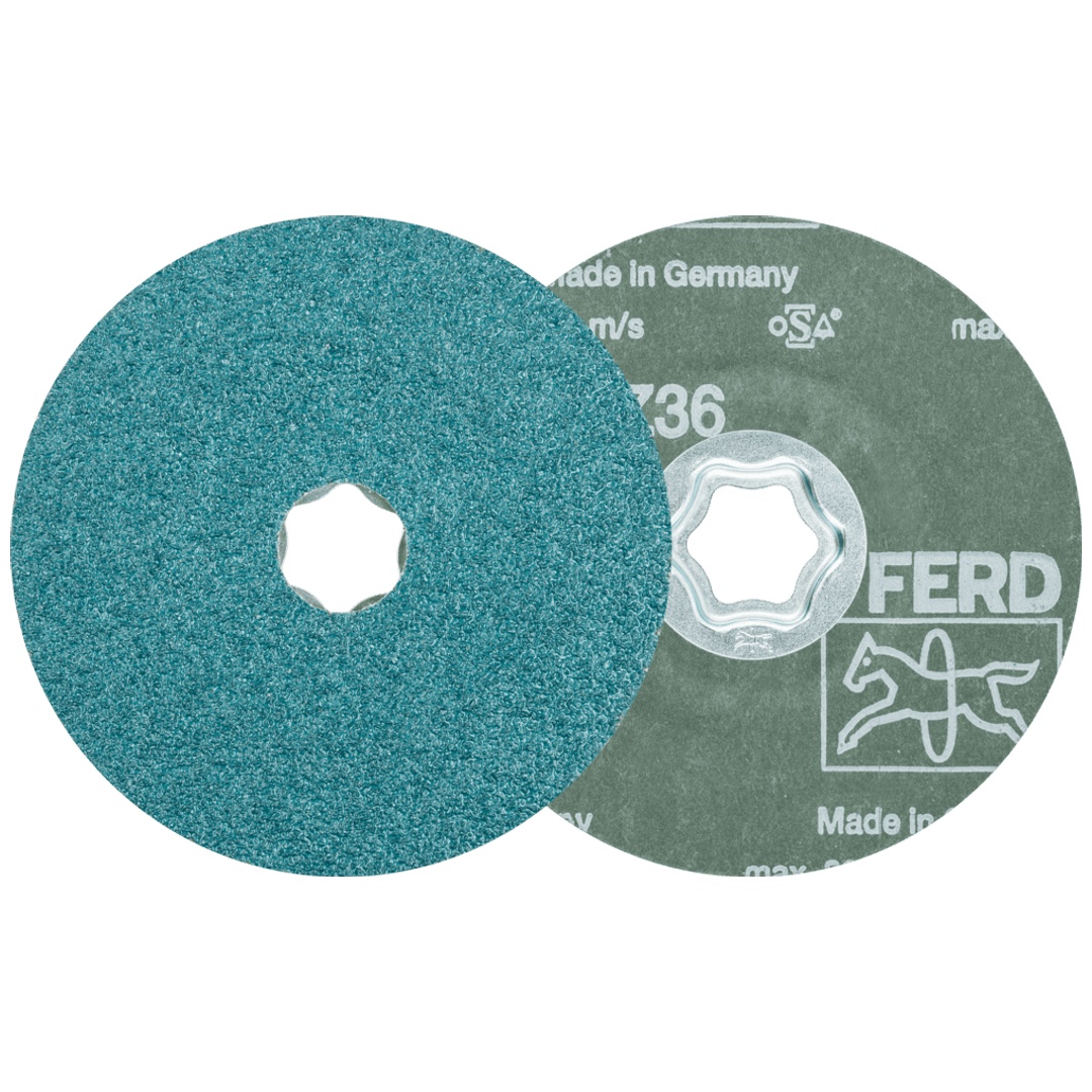 PFERD TOOLS COMBICLICK Zirkon Fiberscheibe Ø 115 mm Z36 für hohen Abtrag auf Stahl