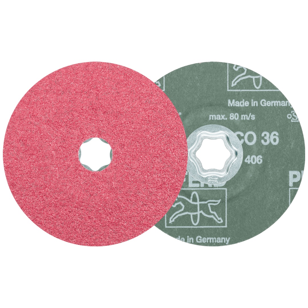 PFERD TOOLS COMBICLICK Keramikkorn Fiberscheibe Ø 125 mm CO36 für hohen Abtrag auf Stahl