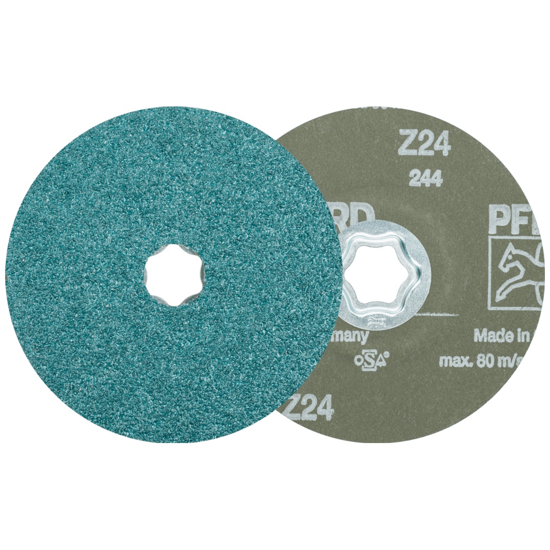 PFERD TOOLS COMBICLICK Zirkon Fiberscheibe Ø 125 mm Z24 für hohen Abtrag auf Stahl