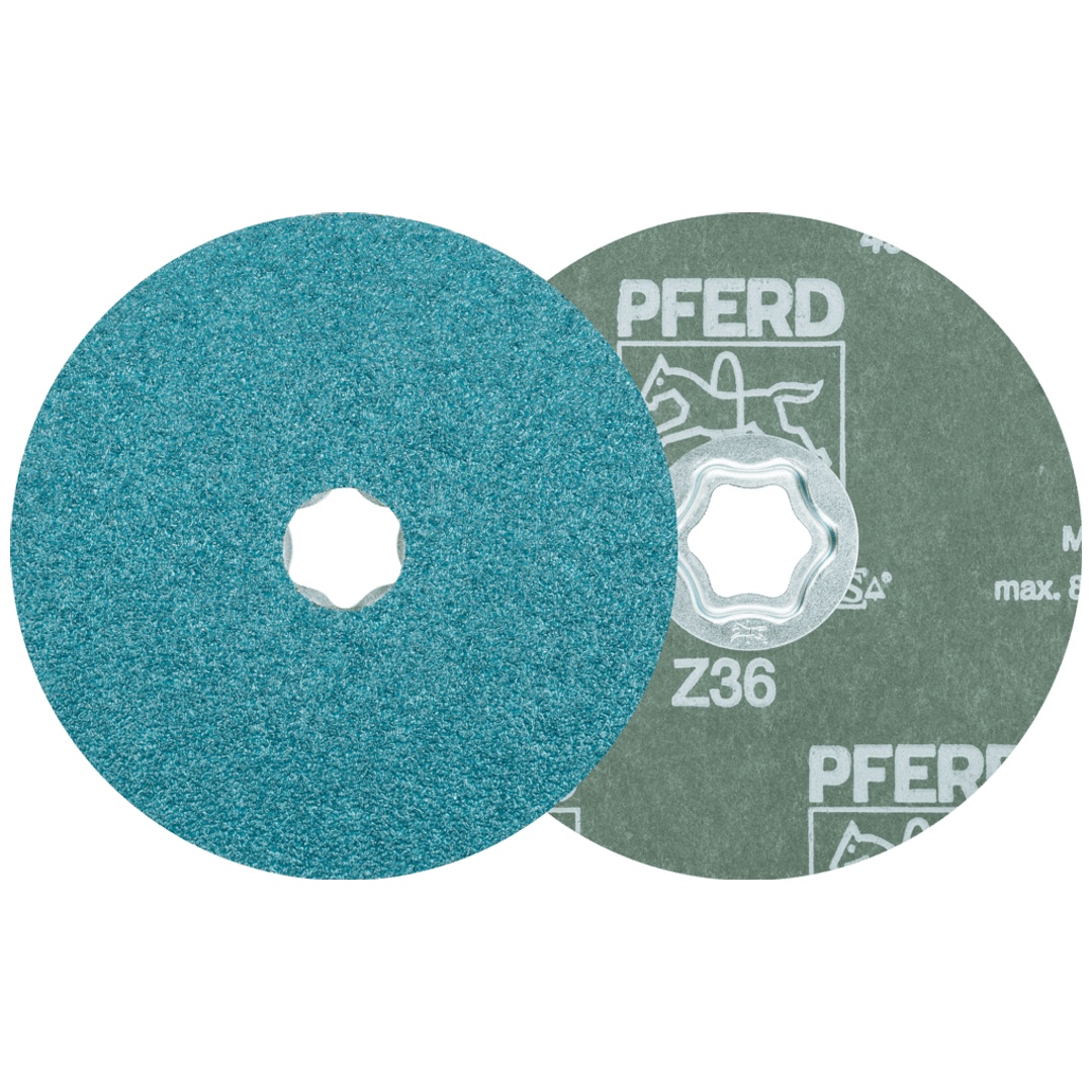 PFERD TOOLS COMBICLICK Zirkon Fiberscheibe Ø 125 mm Z36 für hohen Abtrag auf Stahl